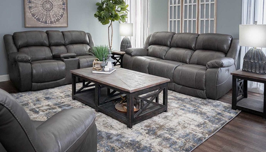 Living Room Dallas Sofa Company Leather Collections | Galveston Grey Power Sofa & Loveseat